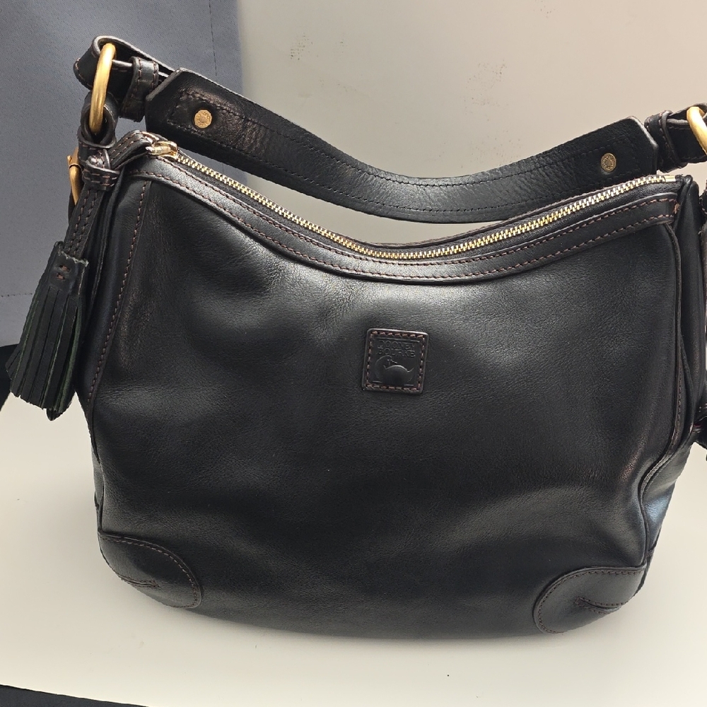 Dooney & Bourke Black Leather Hobo Bag with Gold Accents